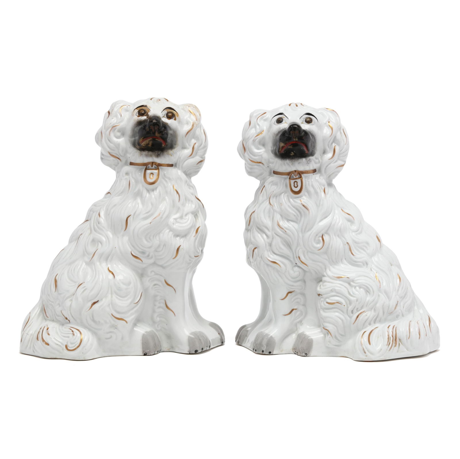 Pair of Large White Staffordshire Spaniels: Pair of Large White Staffordshire SpanielsEngland, second half 19th century, hand-painted and gilt pearlware spaniels with lock collars, unmarked. 12 x 10 x 6 1/2 in. Additional high-resolution photo