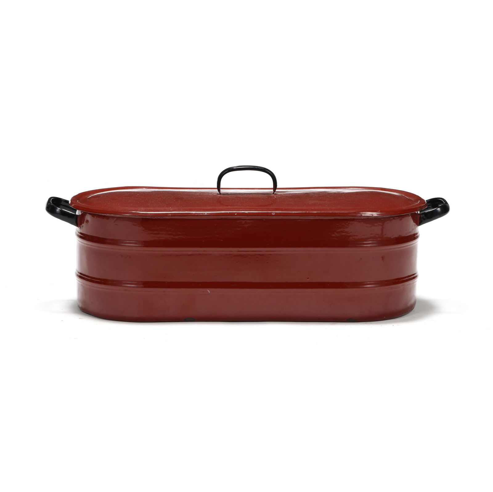 Elite, Vintage Enamel Fish Poaching Steamer: Elite, Vintage Enamel Fish Poaching Steamer Czechoslovakia, red and black enamel painted metal, dual handled oval lidded form with white painted interior, retaining the conforming removable strainer t