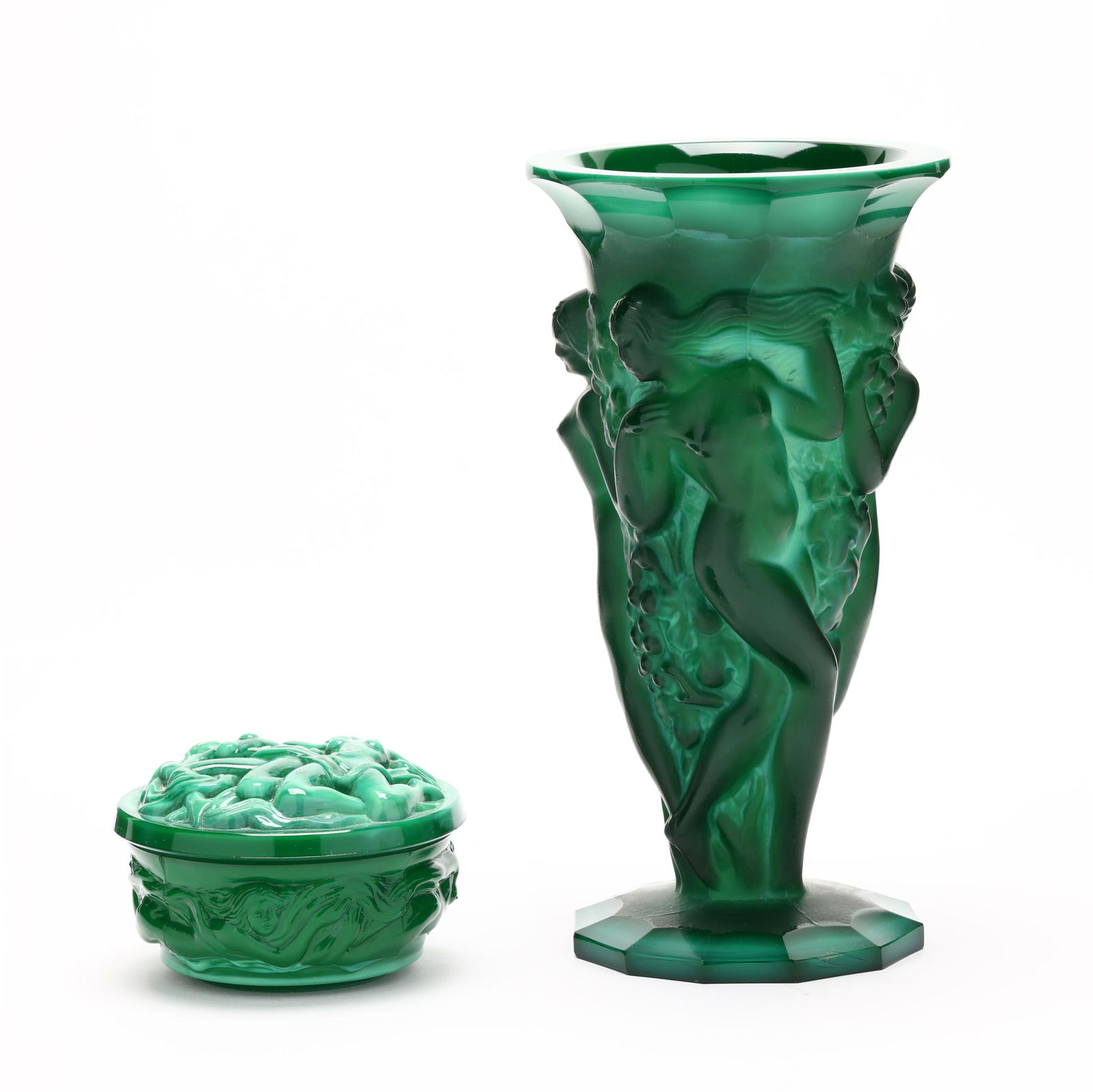 Two Czech Art Deco Malachite Glass Tabletop Accessories: Two Czech Art Deco Malachite Glass Tabletop Accessoriescirca 1930, both relief molded glass forms, the first a flared rim footed vase with design attributed to Curt Schlevogt featuring dancing nudes s