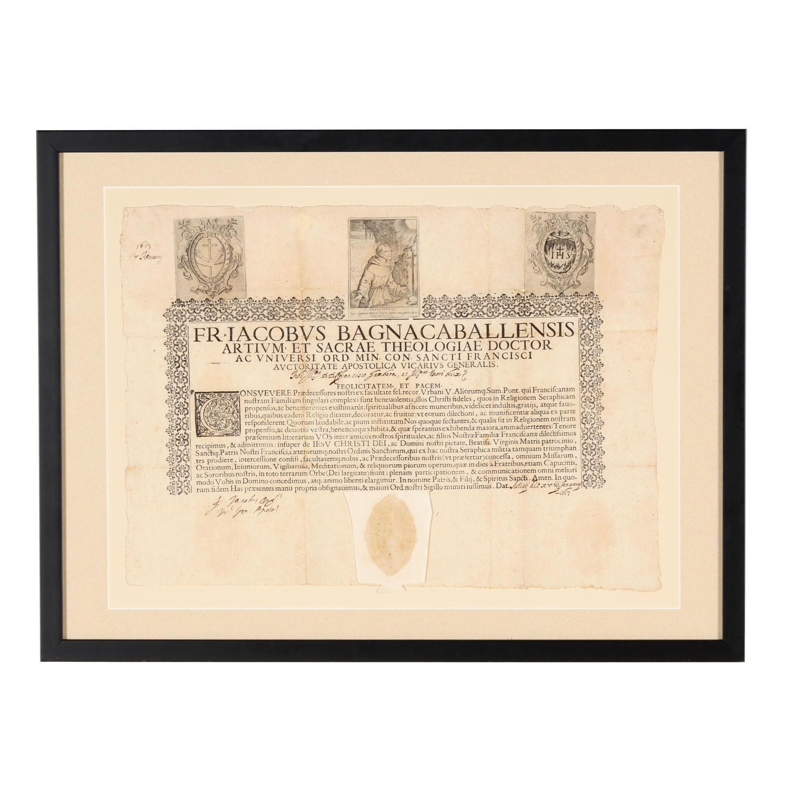 17th-Century Franciscan Document: 17th-Century Franciscan Documentsingle sheet, printed text in Latin, possibly a Rite of Admission; with Franciscan and Jesuit emblems at the top, and with Franciscan seal; dated 18 January 1613 in ink