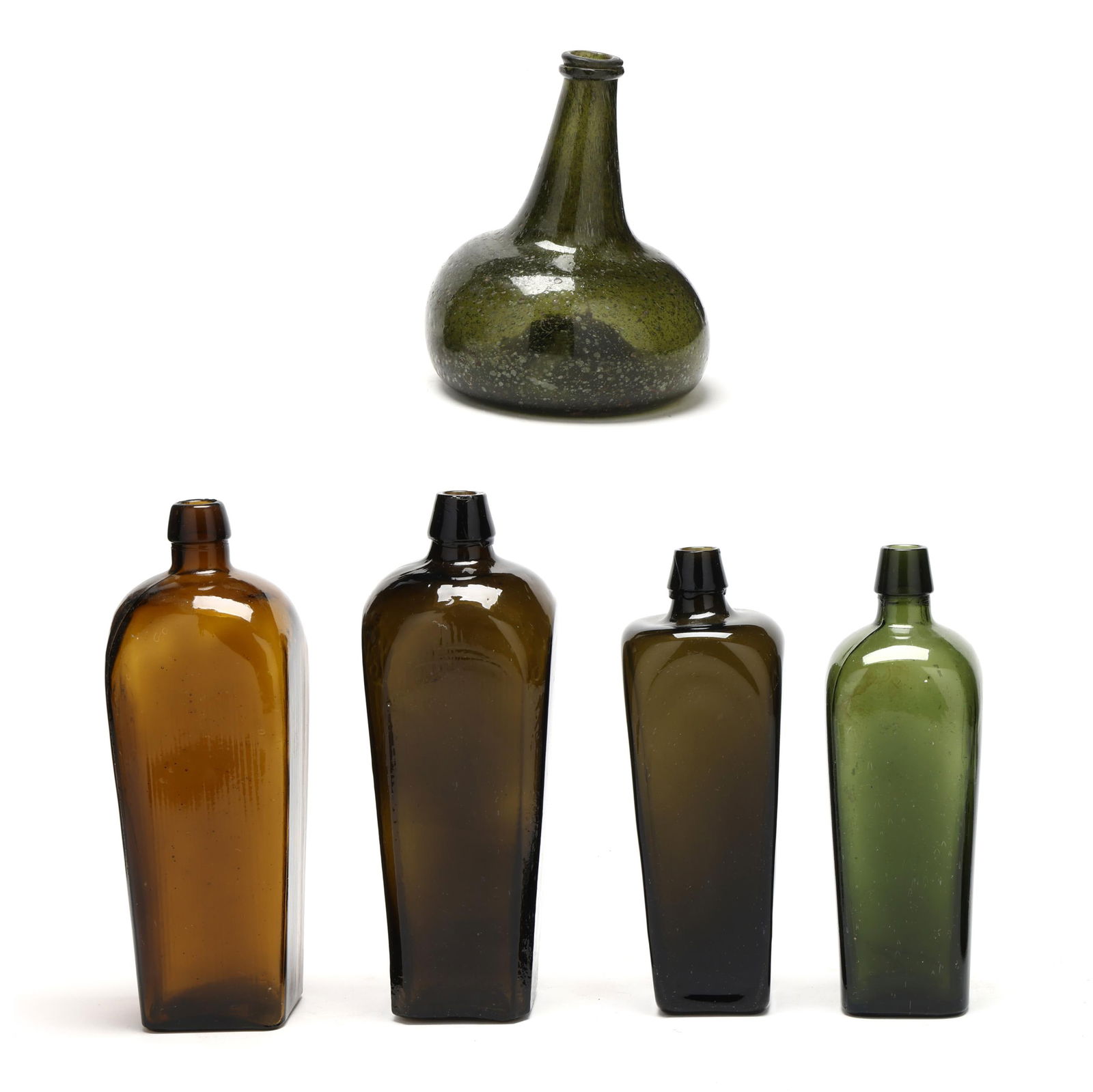 Four Antique Glass Cellarette Bottles and an Onion Bottle (1 of 8)
