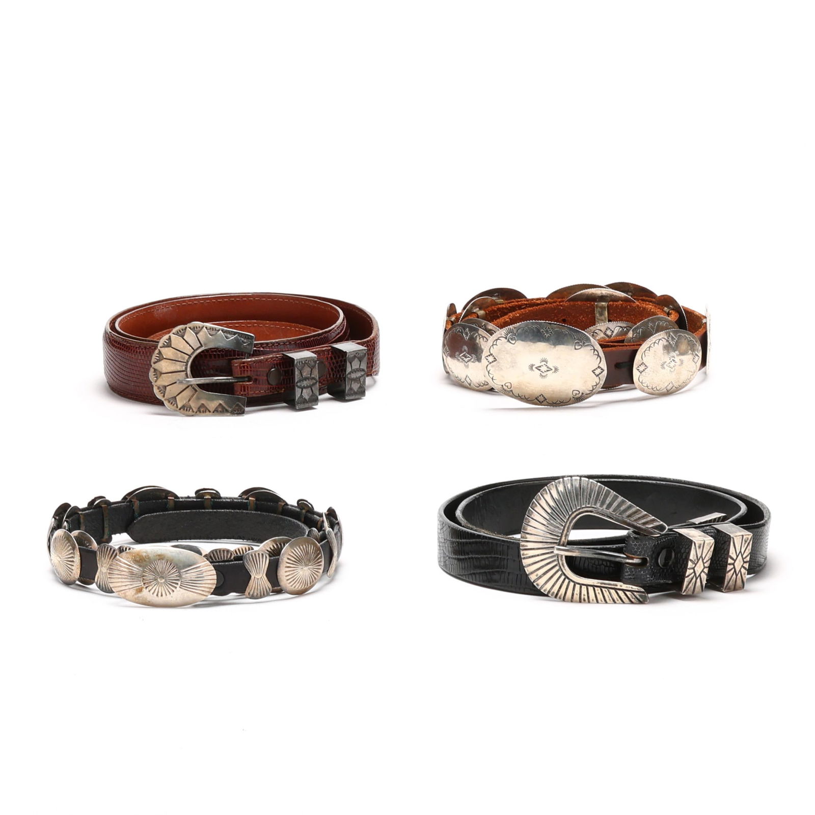 Four Navajo Silver Mounted Leather Belts (1 of 14)