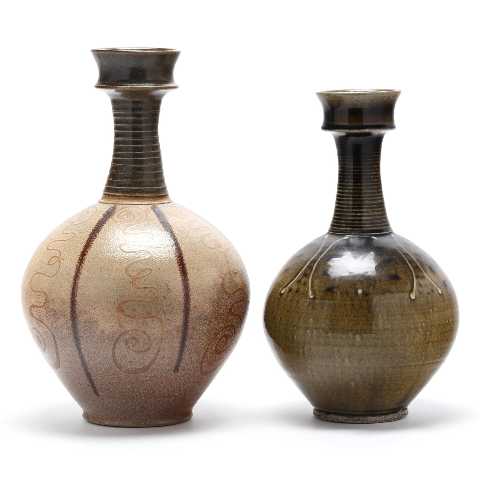 Mark Hewitt (NC, b. 1955), Two Tall Slip Decorated Pottery Vases (1 of 8)
