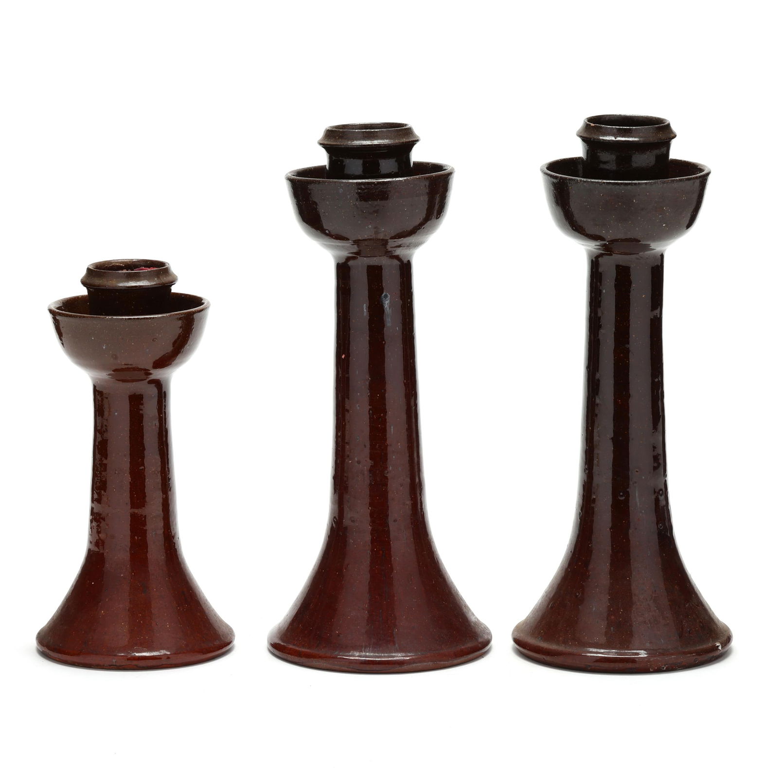 Ben Owen Master Potter (Seagrove, NC, 1904-1983), Three Brown Pottery Candlesticks (1 of 8)