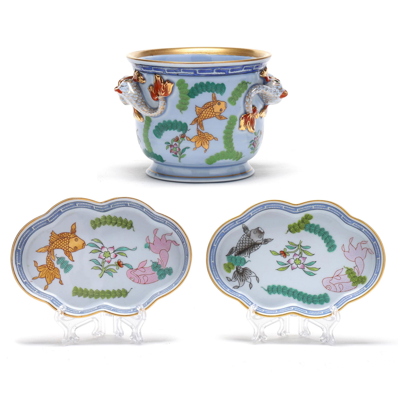 Herend, A Pair of Poisson Blue Ground Porcelain Trays and a Cachepot (1 of 10)