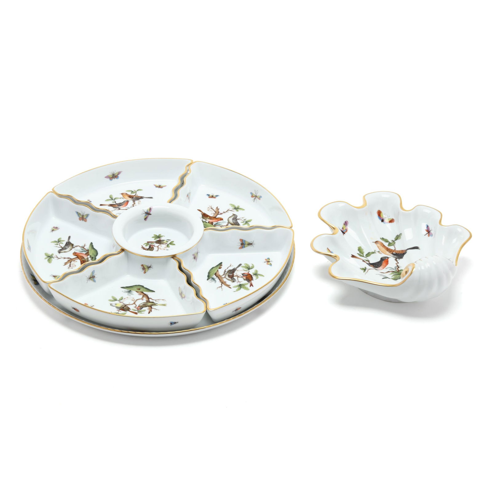 Herend Rothschild Bird Seven Piece Porcelain Hors d'Œuvres Set and a Shell Dish (1 of 7)