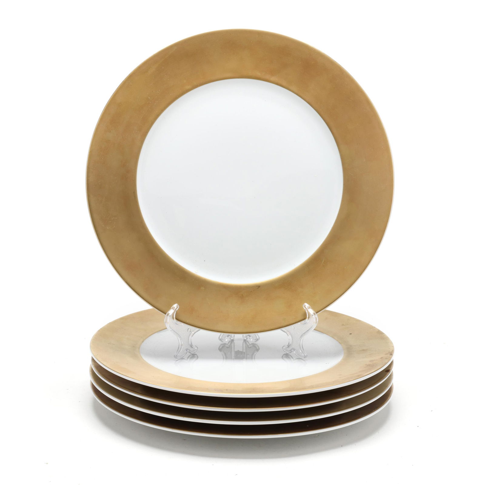 Five Mottahedeh Chargers with Gilt Trim: Five Mottahedeh Chargers with Gilt Trimmade in Portugal, late 20th century, all marked to underside. 12 in. diameter Additional high-resolution photos are available at www.lelandlittle.com