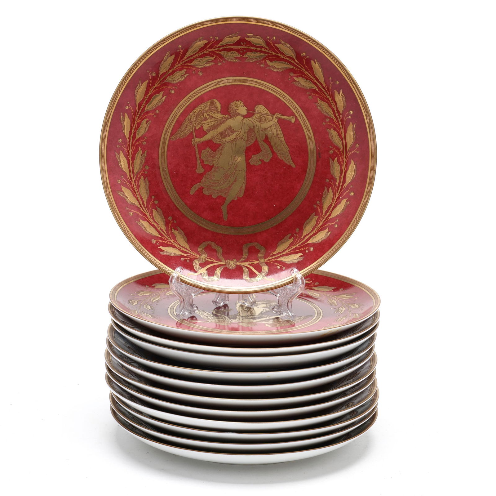 Mottahedeh, Twelve Gabriel China Luncheon Plates in Four Colors: Mottahedeh, Twelve Gabriel China Luncheon Plates in Four Colorsmade in Portugal, late 20th century, including (3) currant red plates, (3) green plates, (3) plum plates, and (3) blue plates, all with c