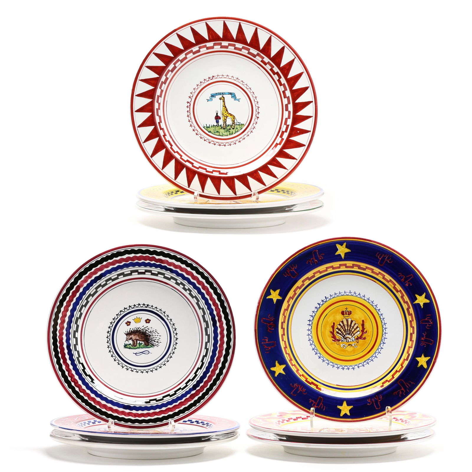 Nine Italian Majolica Chargers with Animal Crests: Nine Italian Majolica Chargers with Animal Crestslate 20th century, hand-painted tin glazed earthenware, (9) decorated plates with different animal crests including (2) with shell crest, each marked "