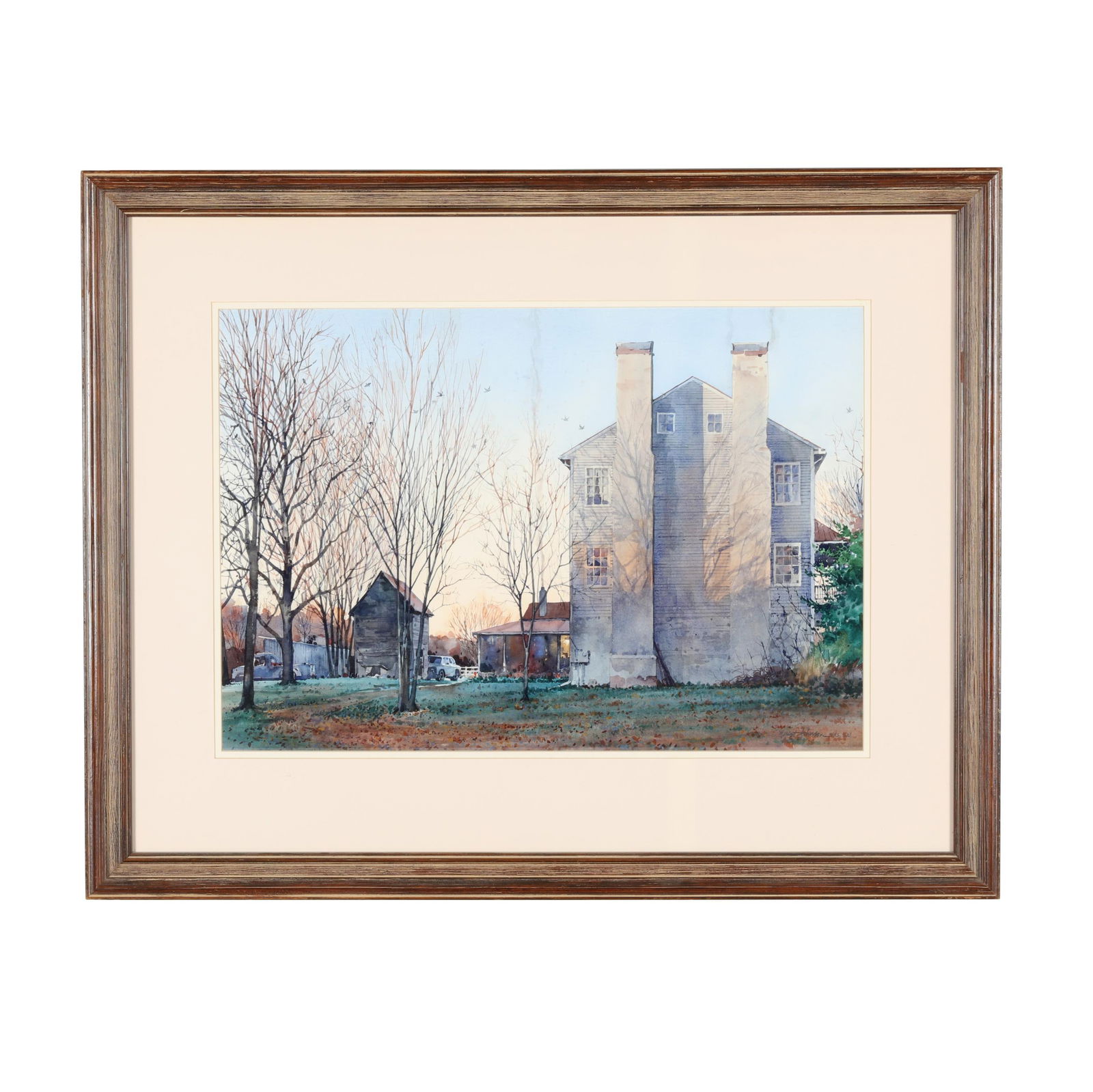 Ernest Johnson (American), House with Two Chimneys: Ernest Johnson (American), House with Two Chimneyswatercolor on paper, signed at lower right, matted and framed below glass. Sight size 18 3/8 x 26 3/4 in.; Frame dimensions 30 3/4 x 38 1/4 in. Addit