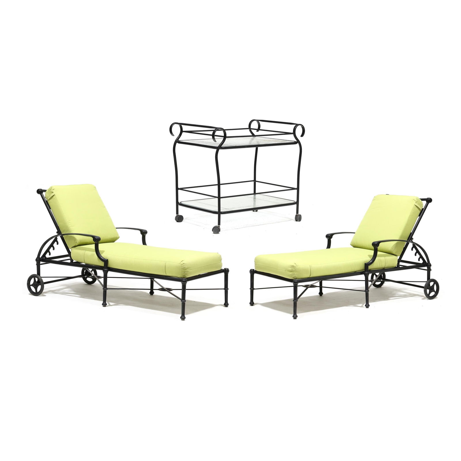 Woodard, Pair of Delphi Chaise Lounges and a Bar Cart: Woodard, Pair of Delphi Chaise Lounges and a Bar Cartlate 20th century, black painted aluminum, including a pair of chaise lounges with adjustable angle back and front wheels (38 x 29 x 64 in.) with g
