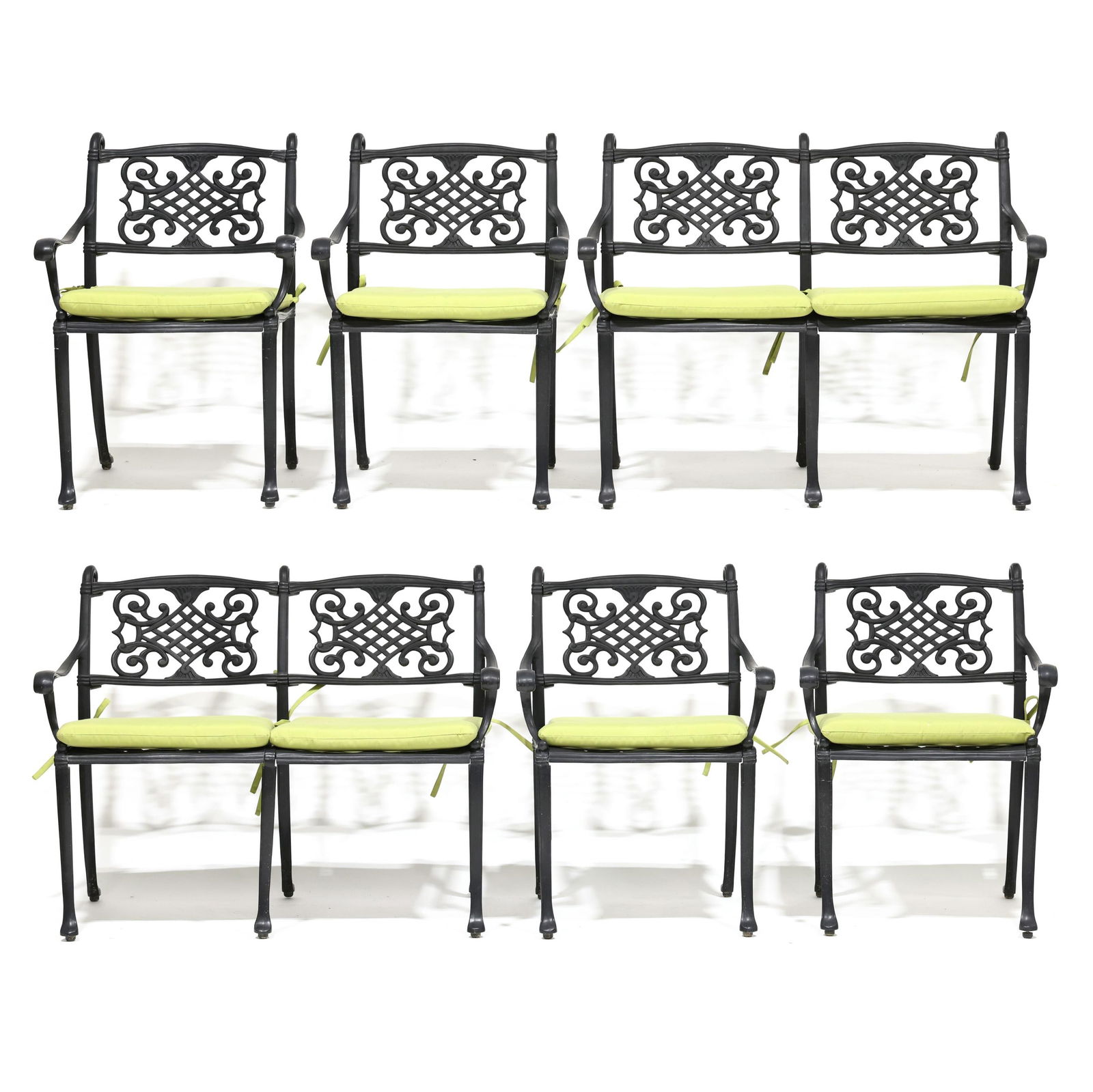 Gensun, Michigan Cast Aluminum Pair of Settees and Four Armchairs: Gensun, Michigan Cast Aluminum Pair of Settees and Four Armchairslate 20th century, black painted aluminum, including a pair of settees (33 x 43 x 23 in.) and four armchairs (33 x 24 x 19 in.), with g