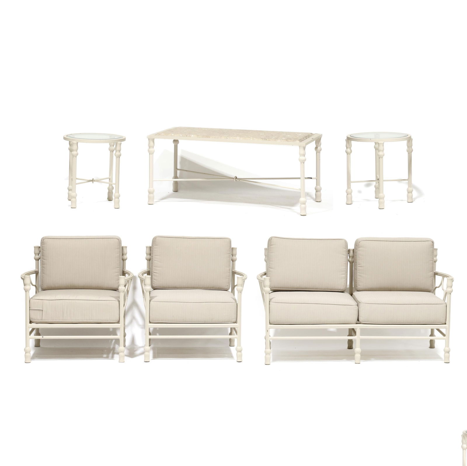 Six Piece Aluminum Patio Set: Six Piece Aluminum Patio Setattributed to Pavilion, late 20th century, off-white painted aluminum with tassel ends, including a travertine top coffee table (21 x 48 x 27.75 in.); a settee (34 x 56 x 2