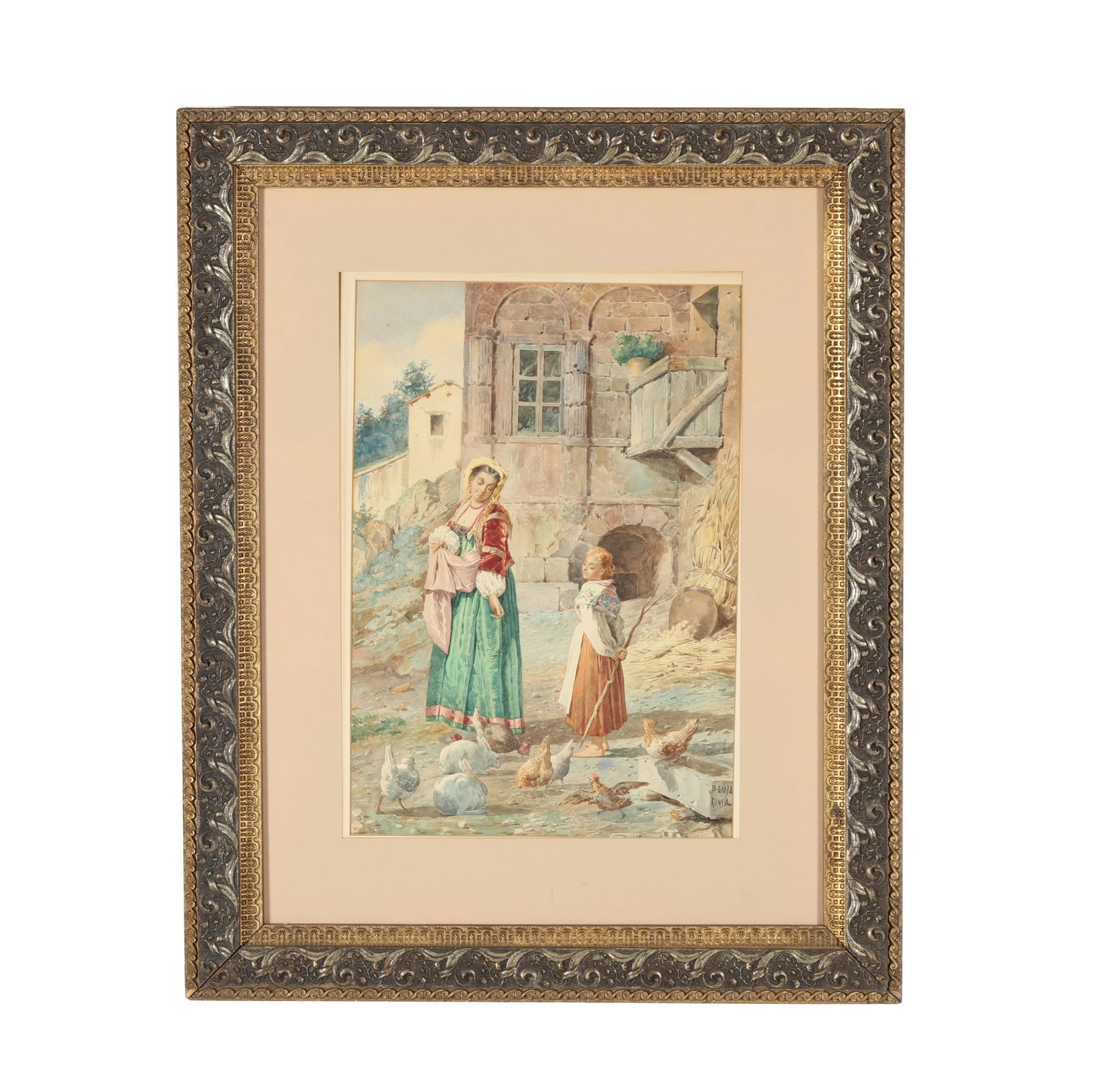 Belisario Gioja (Italian, 1829-1906), Tending to the Chickens: Belisario Gioja (Italian, 1829-1906), Tending to the Chickens watercolor on paper, signed at lower right, matted and framed. Sight size 19 1/2 x 13 1/4 in.; Frame dimensions 31 1/4 x 25 in. 