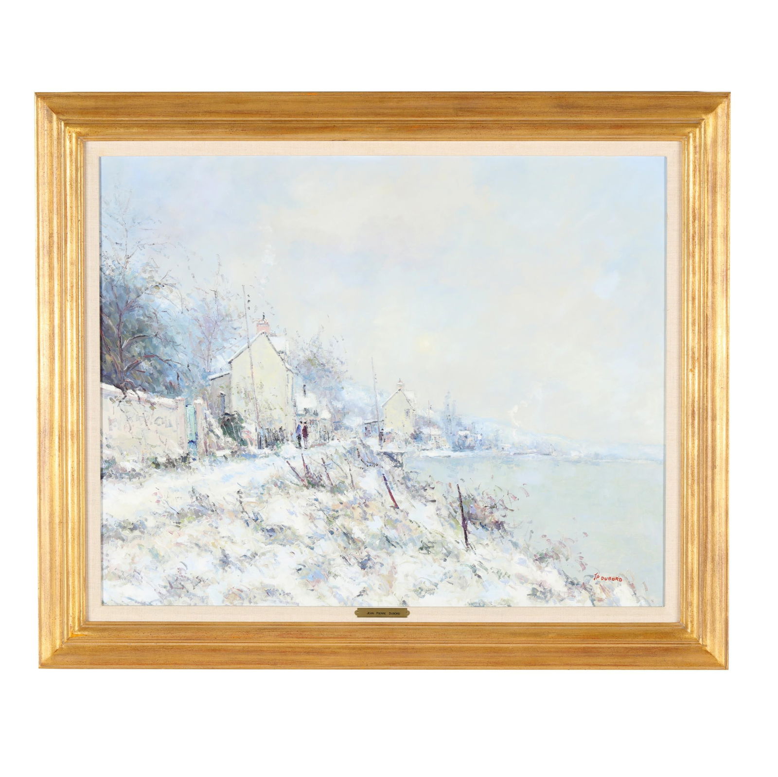 Jean Pierre Dubord (Canadian, b. 1949), Premiere Neige en Bord de Seine: Jean Pierre Dubord (Canadian, b. 1949), Premiere Neige en Bord de Seineoil on canvas, signed at lower right, presented in a giltwood frame. Stretcher size 27 1/2 x 33 1/2 in.; Frame dimensions 32 x 38