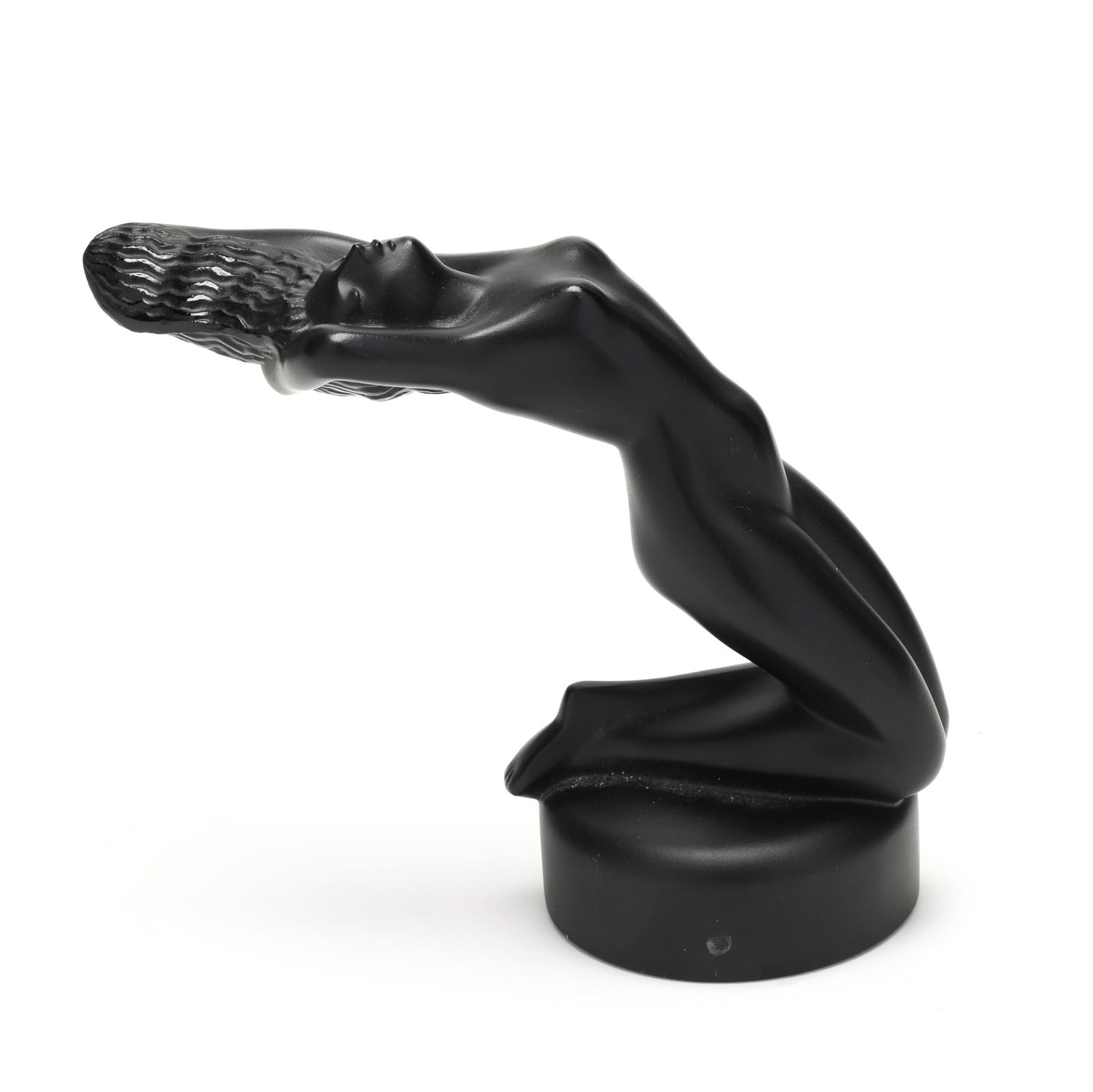 Lalique, Chrysis Glass Car Mascot: Lalique, Chrysis Glass Car MascotFrance, late 20th century production after the 1931 original, cast black glass, signed. 5 x 6 x 2.5 in. Additional high-resolution photos are available at www.lelandl