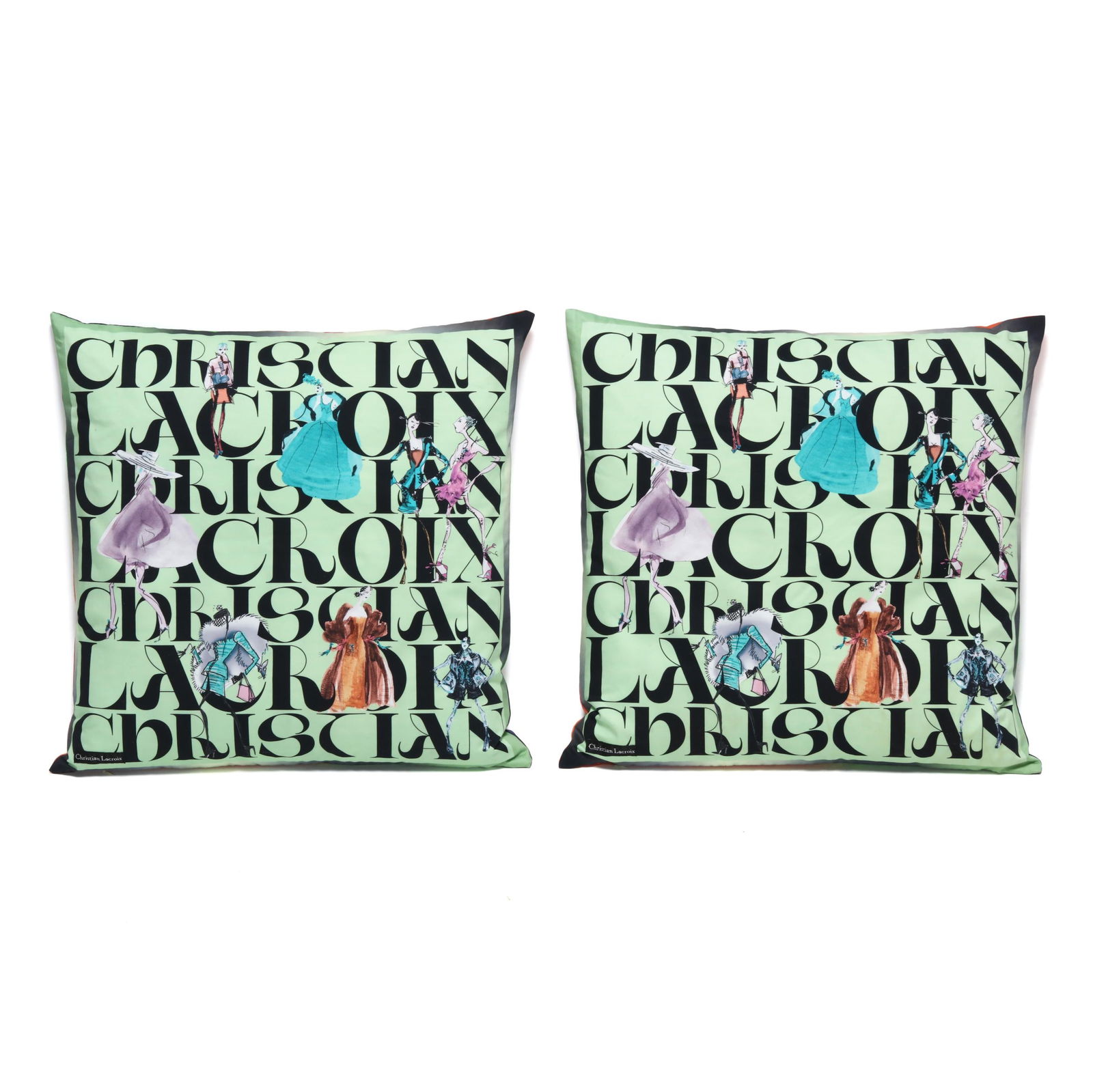 Pair of Christian Lacroix Parade Jais Decorative Pillows: Pair of Christian Lacroix Parade Jais Decorative Pillowsdesign digitally printed onto silk and cotton with feather stuffing, both with labels affixed to corner. 21 x 21 x 5 in. Private Collection of a