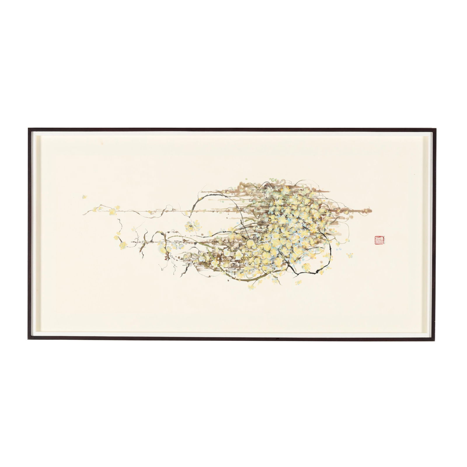 Nissa Kauppila (American), Yellow Flower Blossoms: Nissa Kauppila (American), Yellow Flower Blossomswatercolor and ink on mounted Chinese Rice paper, signed at lower left, mounted and framed below glass. Frame dimensions 42 1/4 x 22 in. Nissa Kauppila