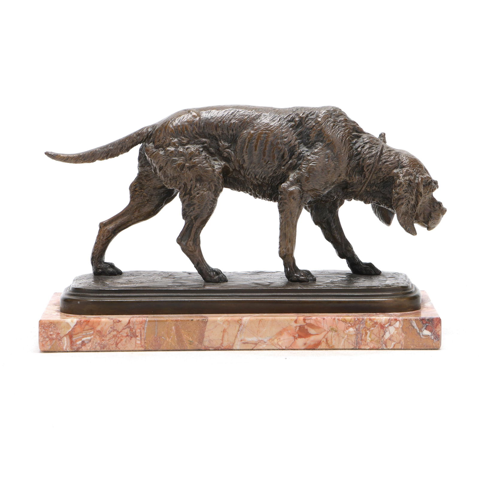 After Antoine-Louis Barye (1796-1895), Bronze Model of a Dog: After Antoine-Louis Barye (1796-1895), Bronze Model of a Dog patinated bronze, signed "BARYE" and additionally marked "6 NI" to the terrace edge, mounted upon a polished red marble base, the bronze we