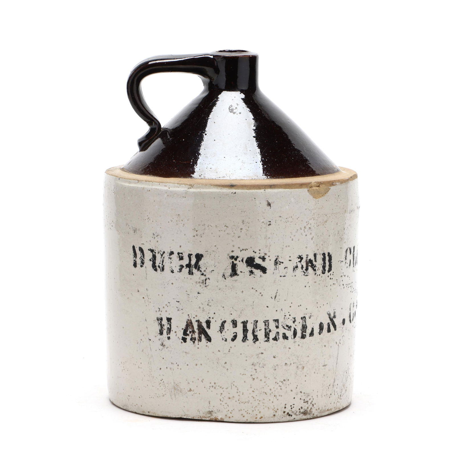 Duck Island Hunting Club Whiskey Stoneware Jug: Duck Island Hunting Club Whiskey Stoneware Jugcirca 1900, approximately two gallon capacity, sharp shoulder, plain mouth, and applied strap handle, bristol-slip glazed with albany-slip glazed top, adv