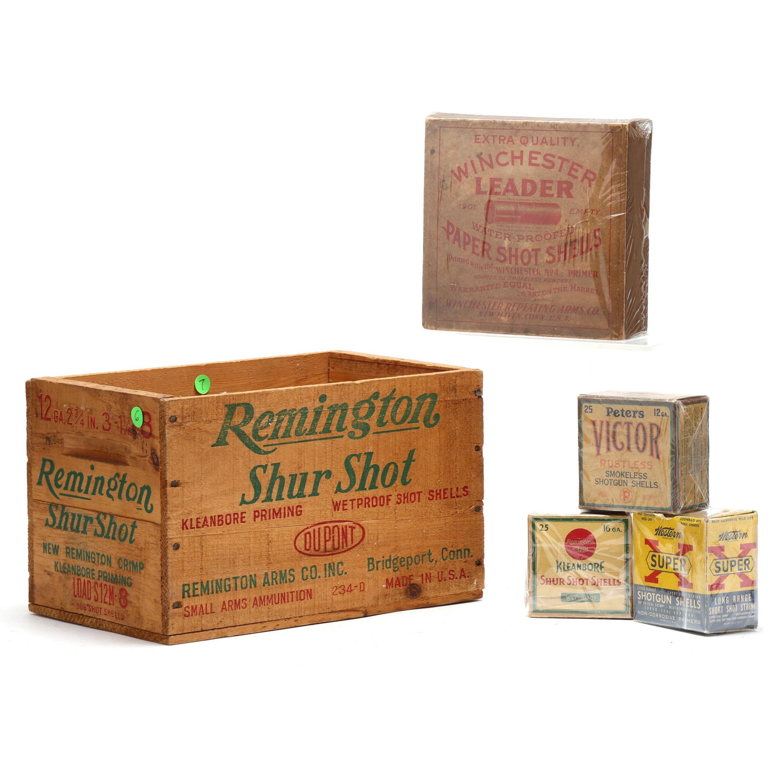Remington Sure Shot Ammo Box with Three Important Vintage Ammo Boxes.: Remington Sure Shot Ammo Box with Three Important Vintage Ammo Boxes.A wood and painted box, a rare Peters Victor 12 gauge Smokeless shotgun shell box, a Remington Kleanmore Shureshot box 16 gauge, an