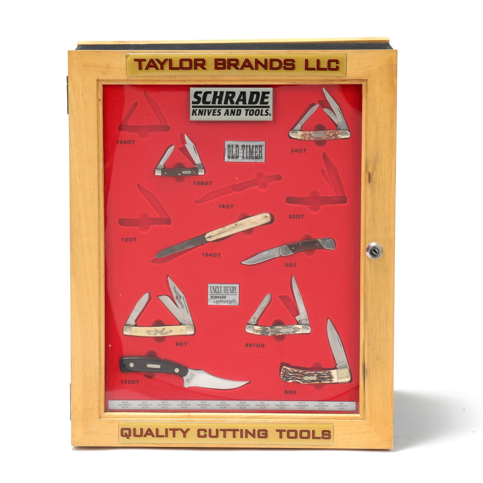 Schrade "Old Timer" Display Case with (11) Knives: Schrade "Old Timer" Display Case with (11) KnivesTaylor Brands LLC, dual sided wood display case with hinged doors and storage shelves, one side with fitted display mold featuring (8) knives with bone