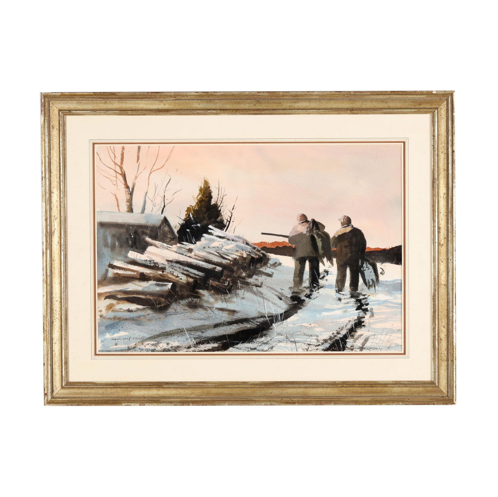 Chet Reneson (American, b. 1934), Duck Hunt Scene: Chet Reneson (American, b. 1934), Duck Hunt Scenewatercolor on paper, signed at lower left, matted and framed below glass. Sight size 18 1/2 x 27 in.; Frame dimensions 28 x 36 3/4 in. Chet Reneson is