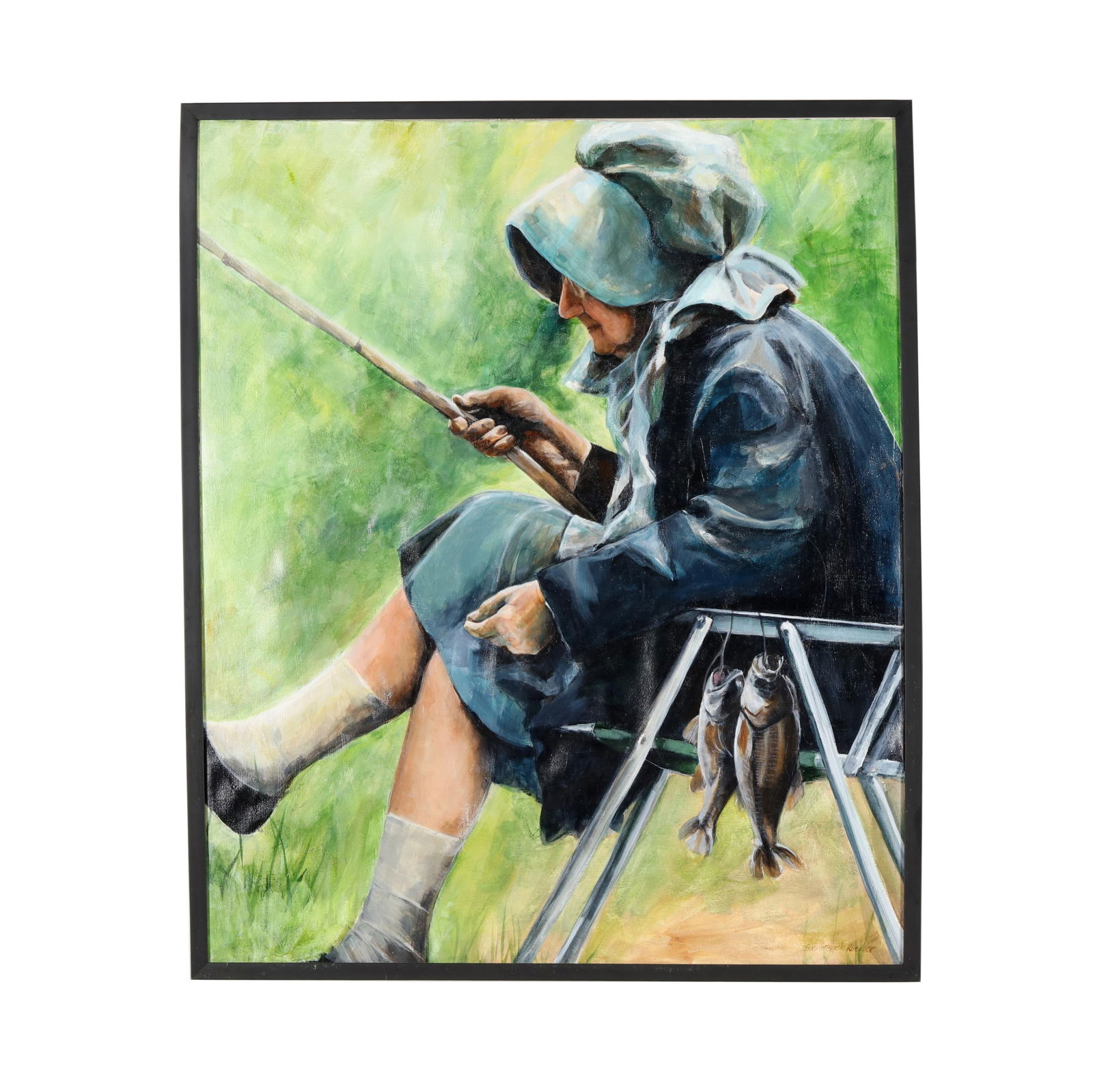 Sue Roedder (American), Grandmother Fishing: Sue Roedder (American), Grandmother Fishingoil on canvas, signed at the lower right, framed. Frame dimensions 37 x 31 in. Sue Roedder is a primarily self-taught artist from Green Hills, Pennsylvania,