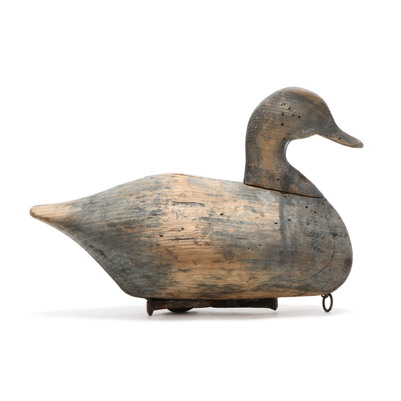 James Best (NC, 1866-1933), Important Redhead: James Best (NC, 1866-1933), Important RedheadKitty Hawk, North Carolina, circa 1900, carved and painted wood, double spike ballast with a Sanders foundry cast iron weight added with four hand cut nail