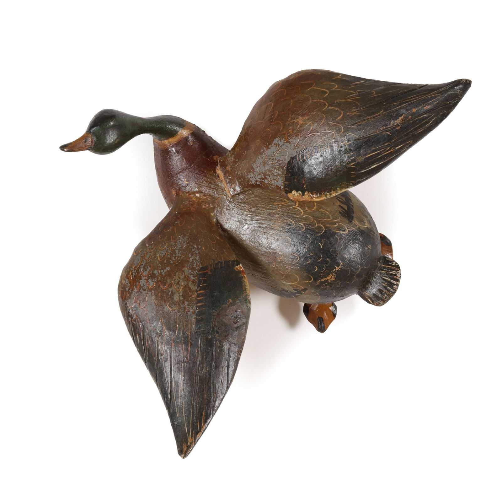 Hudson Family Flying Half Size Mallard: Hudson Family Flying Half Size MallardChincoteague, Virginia, second half of the twentieth century, carved and painted wood, iron hanging hook. Length 11 in. Inspired by the Ira Hudson Flying Mallard
