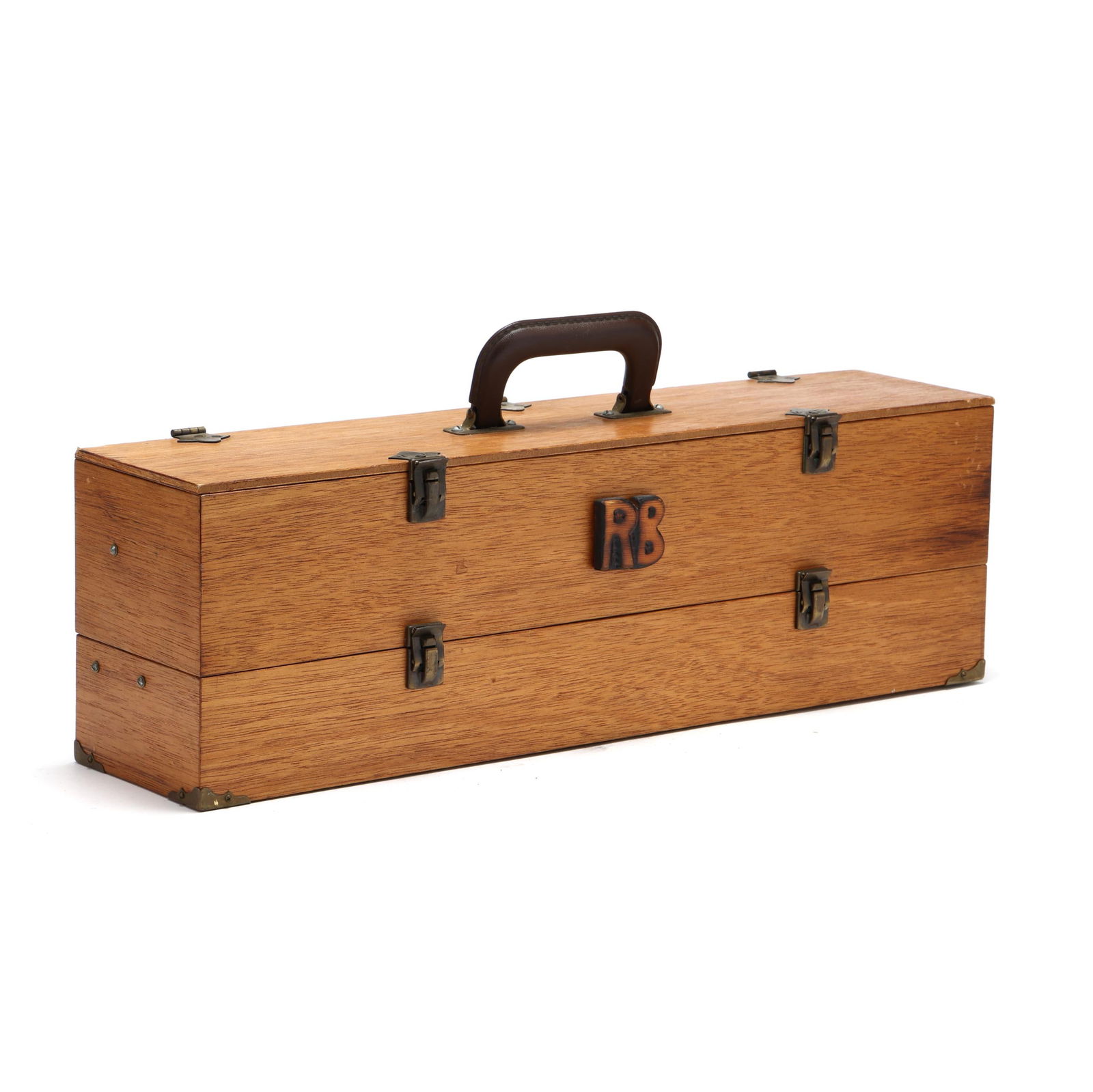 Early Wooden Fly Fishing Tacklebox with Five Pflueger Fly Reels: Early Wooden Fly Fishing Tacklebox with Five Pflueger Fly Reels Custom made box with compartments to hold reels, tippets, and flies. Overall length 21.75 in., height 6.75 in., width 5 in. 