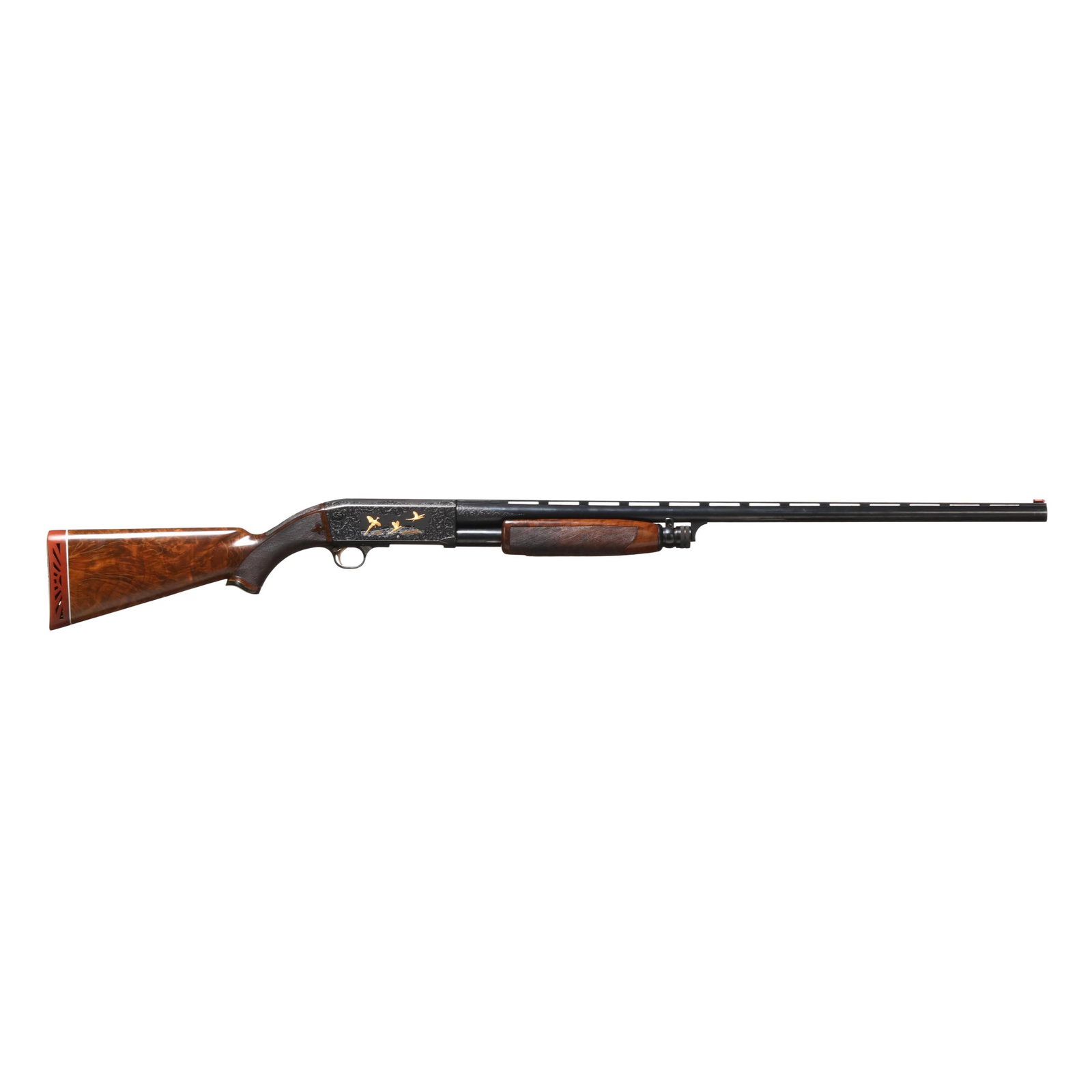 Ithaca Model 37 "Ducks Unlimited" 12ga Pump-Action Shotgun: Ithaca Model 37 "Ducks Unlimited" 12ga Pump-Action ShotgunNo visible serial number (NVS), fully engraved blued pump-action receiver, gold inlay of ducks in flight over marshland on left side of receiv