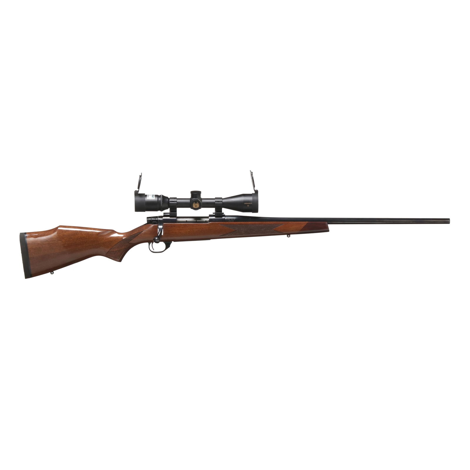 Weatherby Vanguard .30-06 SPRG Bolt-Action Rifle w/ Optic: Weatherby Vanguard .30-06 SPRG Bolt-Action Rifle w/ OpticSerial number VB162171 present on brightly polished blued bolt-action receiver, text of USE ONLY .30-06 present on brightly polished blued 24 i