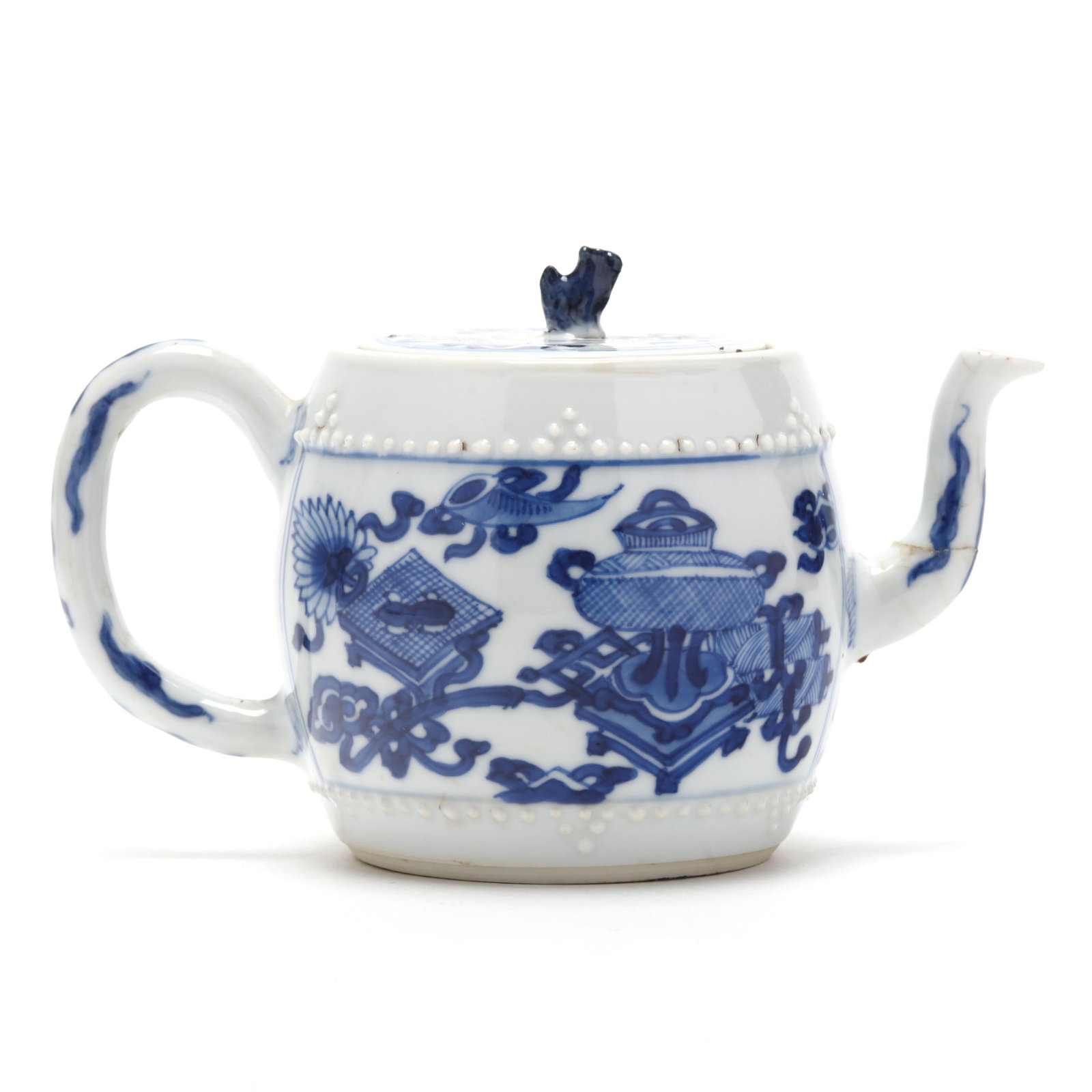 A Chinese Kangxi Blue and White Porcelain Barrel Teapot with Scholar Motifs (1 of 6)
