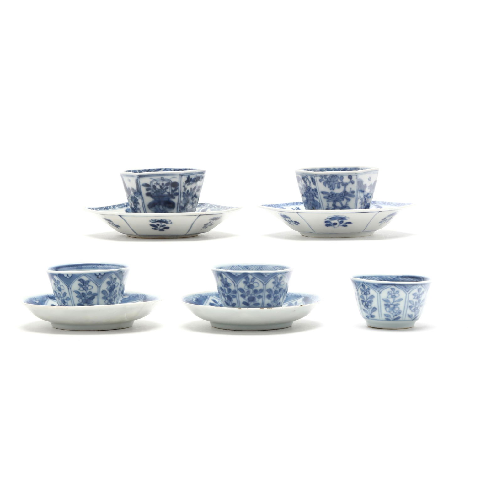 A Group of Five Chinese Kangxi Blue and White Porcelain Tea Cups and Saucers (1 of 7)