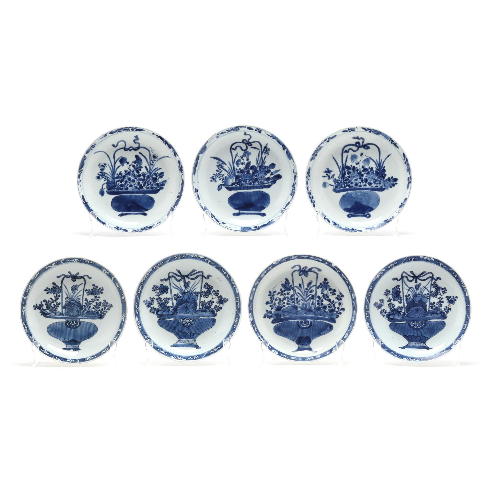 A Group of Seven Chinese Kangxi Blue and White Porcelain Plates with Flower Baskets (1 of 11)