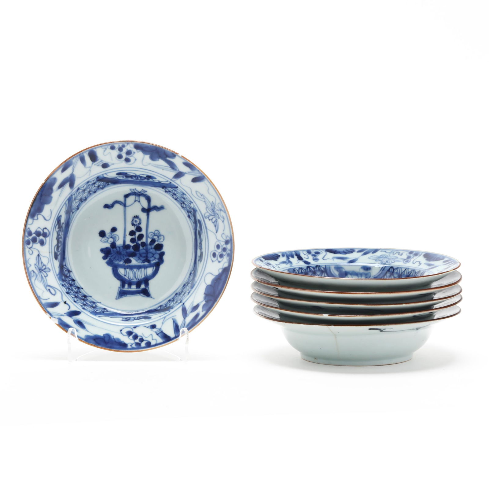 A Set of Six Chinese Kangxi Blue and White Bowls with Flower Baskets (1 of 13)