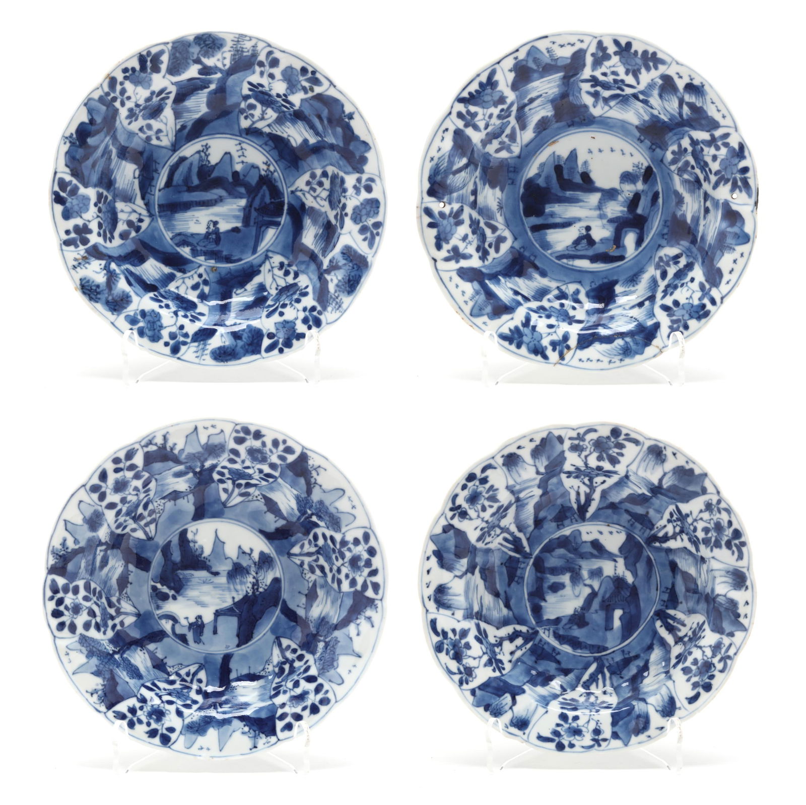 A Set of Four Chinese Kangxi Blue and White Bowls with Landscape (1 of 9)