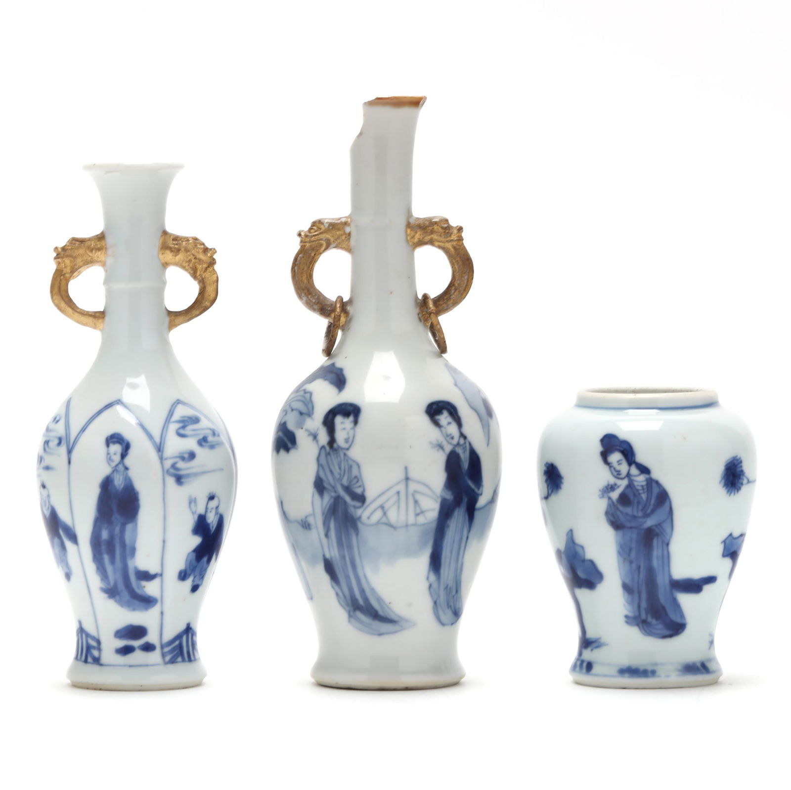 A Group of Three Chinese Kangxi Porcelain Blue and White Vases: A Group of Three Chinese Kangxi Porcelain Blue and White Vases Kangxi period (1662-1722), porcelain hand-painted in underglaze blue, includes two vases with gold mythical beast head handles, the talle