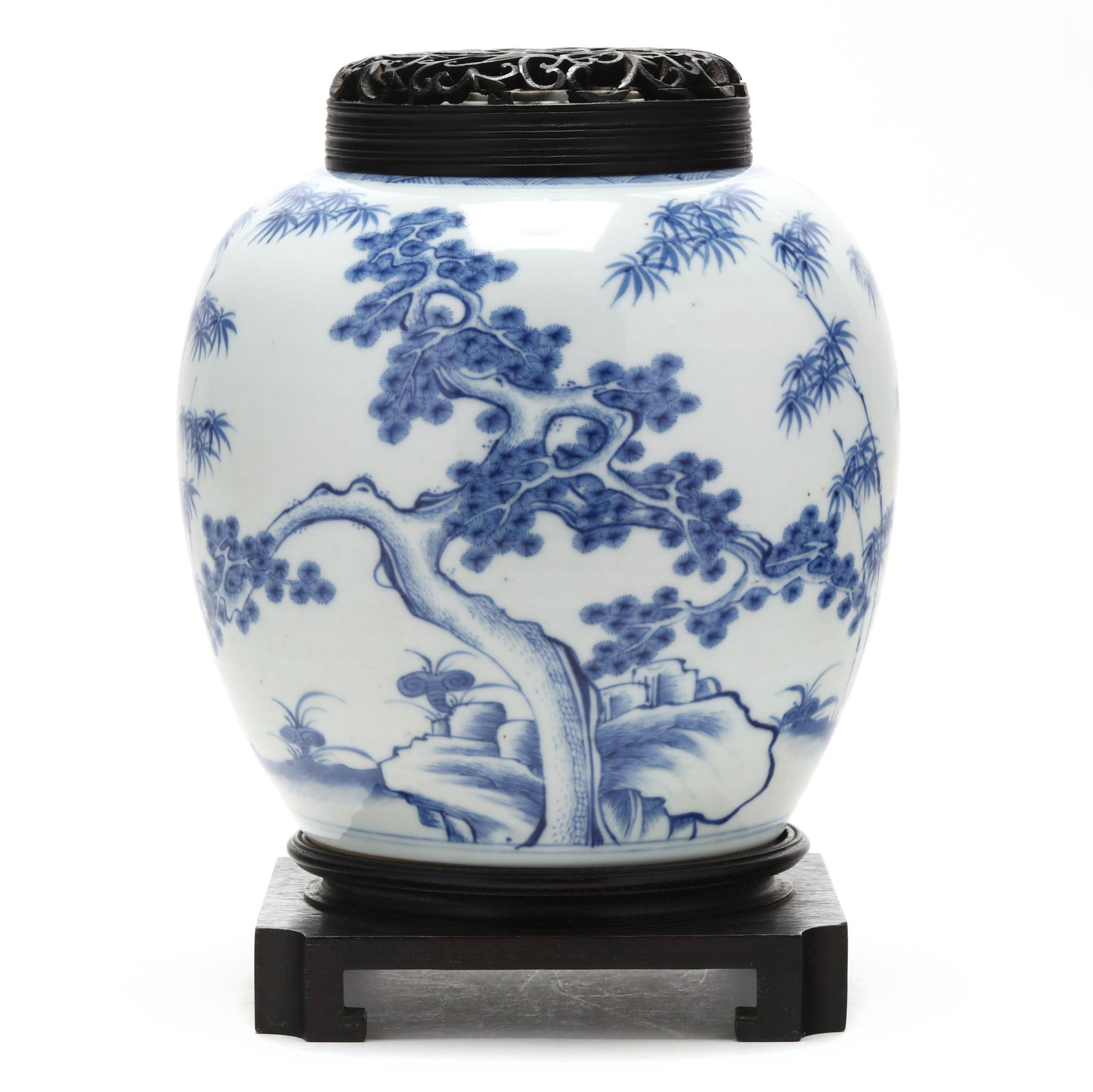 A Chinese Porcelain Blue and White Jar with "Three Friends of Winter": A Chinese Porcelain Blue and White Jar with "Three Friends of Winter"Qing dynasty (1644-1912), 18th or 19th century, porcelain hand-painted in underglaze blue with large pine, plum and bamboo trees, l