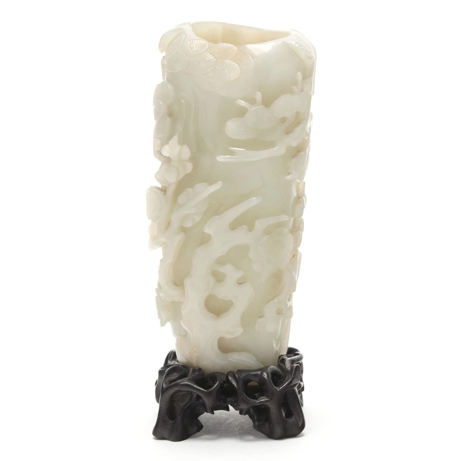 A Chinese Carved Jade Vase with the Three Friends of Winter: A Chinese Carved Jade Vase with the Three Friends of WinterQing dynasty (1644-1912), 18th or 19th century, pale celadon white jade cylindrical form vase carved with the "Three Friends of Winter" pine,