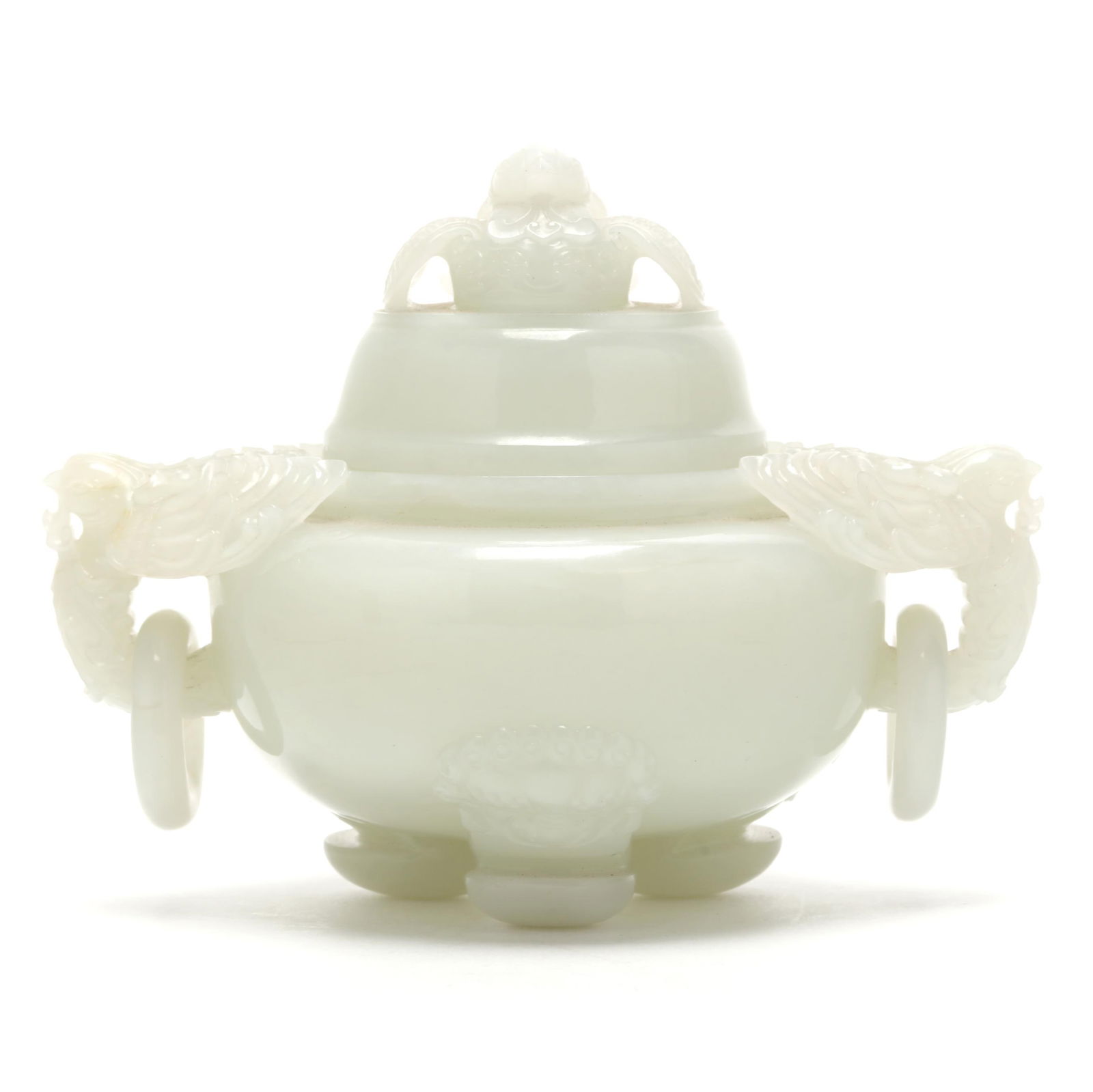 A Chinese White Jade Censer with Dome Cover: A Chinese White Jade Censer with Dome CoverQing dynasty (1644-1912), 18th or 19th century, beautifully carved white jade with a rotund body flanked by phoenix head handles suspending rings, raised on