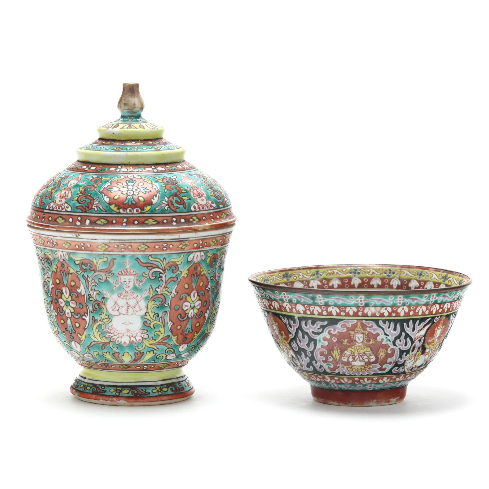Two Chinese Bencharong Export Porcelain for the Thai Market: Two Chinese Bencharong Export Porcelain for the Thai Market 18th or 19th century, includes a bowl with cover, white to interior and under foot, of deep rounded form on a short flaring foot, the exteri
