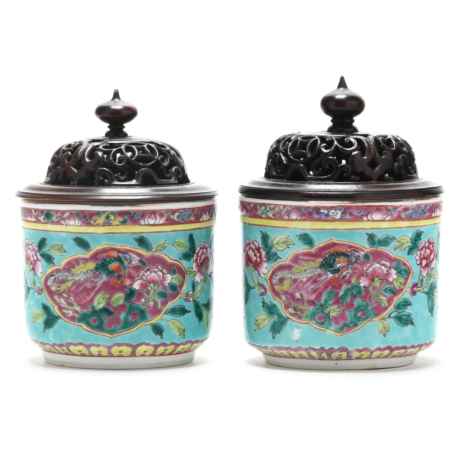 A Pair of Chinese Porcelain Jars for the Straits or Peranakan Market: A Pair of Chinese Porcelain Jars for the Straits or Peranakan MarketQing dynasty (1644-1912), late 19th century, porcelain hand-painted in rich enamels with shaped reserves populated with phoenix and