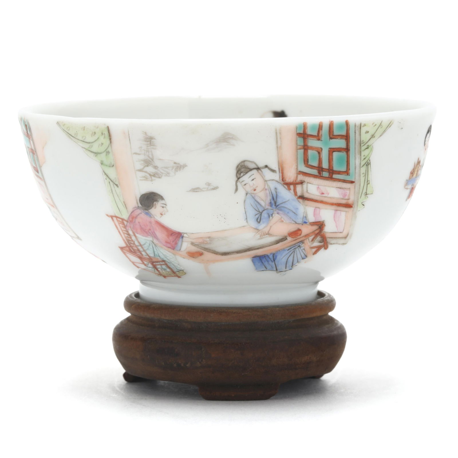 A Chinese Porcelain Famille Rose Tea Bowl with Erotic Scenes: A Chinese Porcelain Famille Rose Tea Bowl with Erotic ScenesDaoguang period (1821-1850), porcelain hand-painted in famille rose palette, the exterior with finely painted scenes of a nobleman's home, a