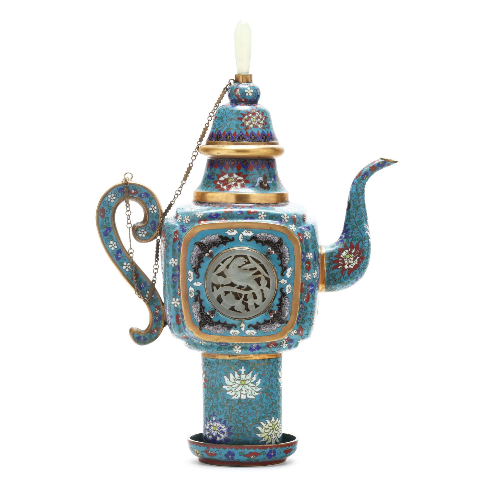 A Chinese Cloisonne Enamel Ewer with Hardstone Inlay: A Chinese Cloisonne Enamel Ewer with Hardstone InlayQing dynasty (1644-1912), late 19th century, a cloisonne enamel covered ewer decorated with lotus scrolls on a turquoise ground, the square shaped c