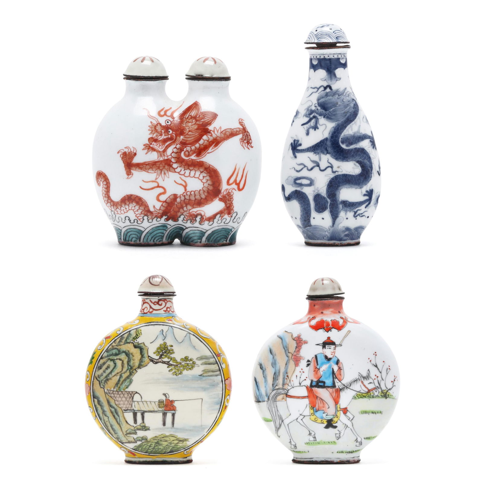 A Collection of Four Chinese Painted Enamel Snuff Bottles: A Collection of Four Chinese Painted Enamel Snuff BottlesQing dynasty (1644-1912), 19th century, includes four snuff bottles decorated in vibrant enamel colors, two with figures in landscapes, and two