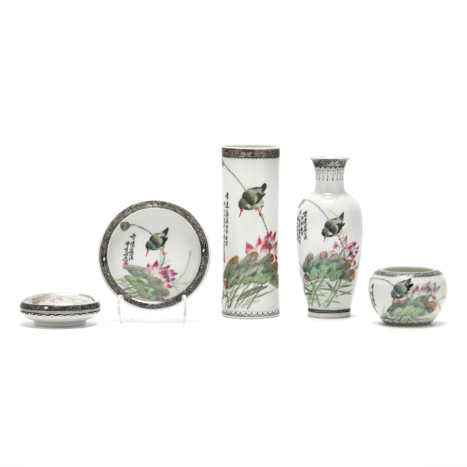 A Set of Five Chinese Famille Rose Scholar's Desk Items: A Set of Five Chinese Famille Rose Scholar's Desk Items Republic period (1912-1949), a set of scholar's items hand-painted with birds and lotus blossoms and a calligraphic inscription in black ink wit