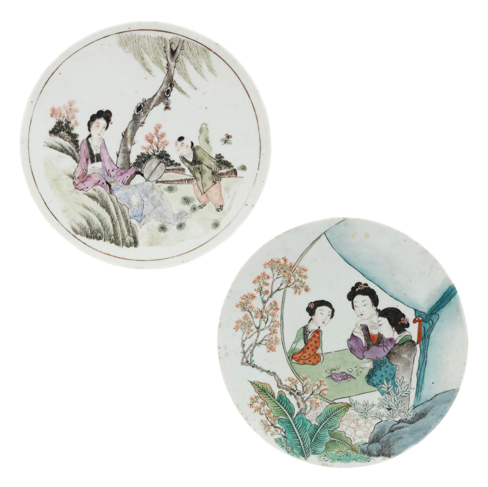 A Pair of Chinese Famille Rose Circular Porcelain Plaques: A Pair of Chinese Famille Rose Circular Porcelain PlaquesRepublic period (1912-1949), each circular porcelain plaque is finely painted in soft famille rose enamels, the first with an elegant lady seat