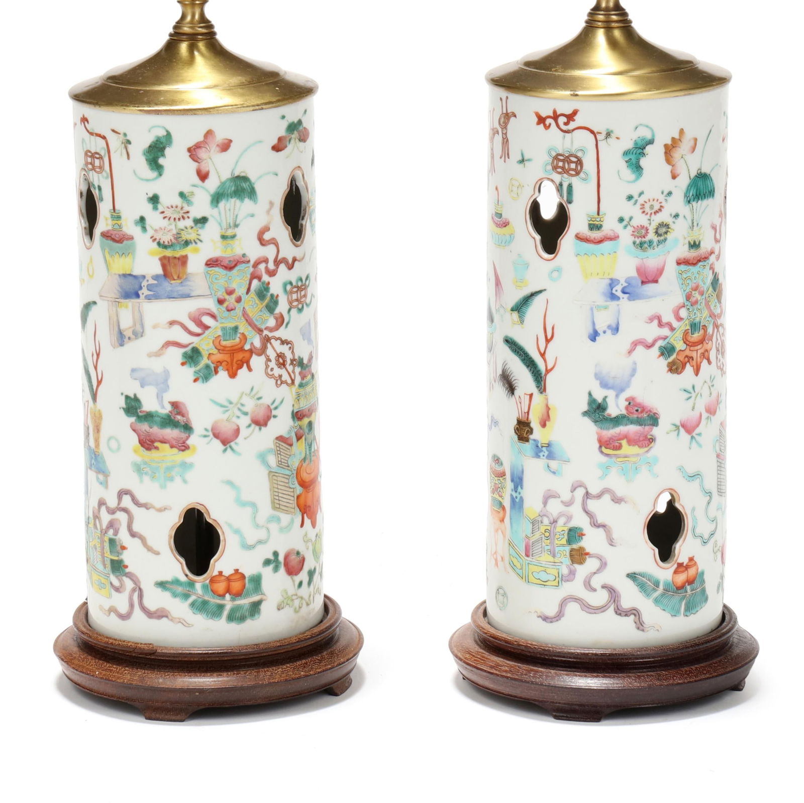 A Pair of Chinese Porcelain Hat Stand Lamps with One Hundred Antiques Motifs: A Pair of Chinese Porcelain Hat Stand Lamps with One Hundred Antiques MotifsQing dynasty (1644-1912), late 19th century, a pair of cylindrical porcelain hat stands, hand-painted with "One Hundred Anti